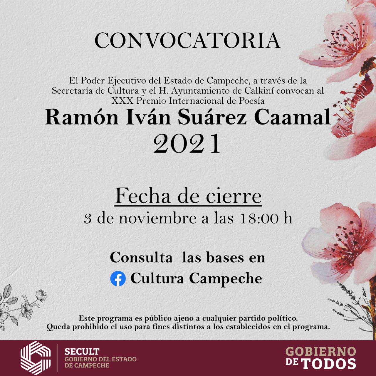 EMITE SECULT CONVOCATORIA PARA PARTICIPAR EN EL PREMIO INTERNACIONAL DE POESÍA RAMÓN IVÁN SUÁREZ CAAMAL 2021