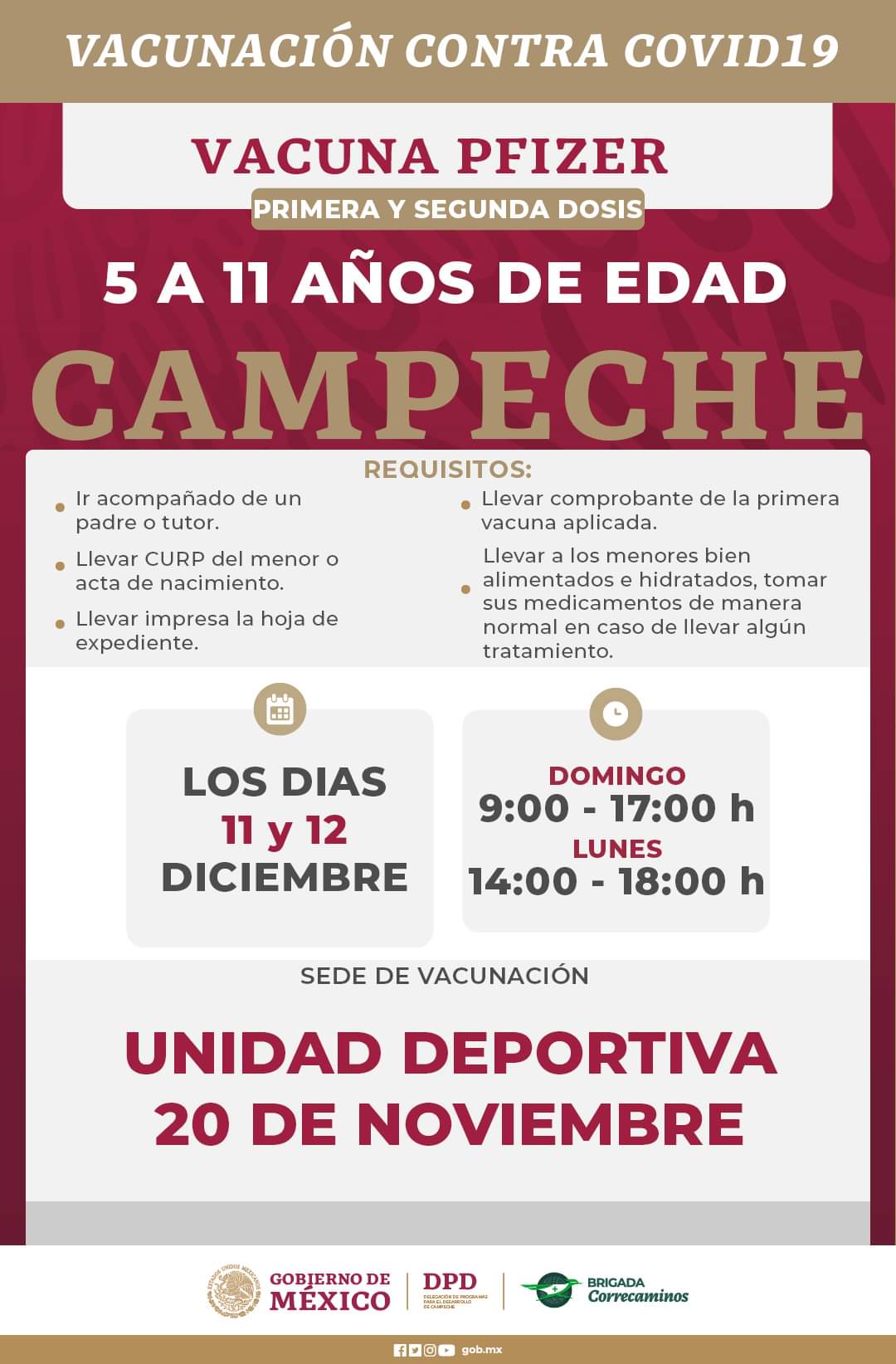 APLICACIÓN DE 1ERA Y 2DA DOSIS CONTRA COVID-19 PARA MENORES DE 5 A 11 AÑOS EN CAMPECHE